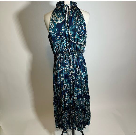 NWD Nicole Miller Blue Halter Neck Silk Feel Midi Dress Womens Size Large L NEW - Picture 5 of 10